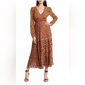 NWOT SALONI Talitha Printed Long-Sleeve Silk Plisse Dress Size 10 Embellishment